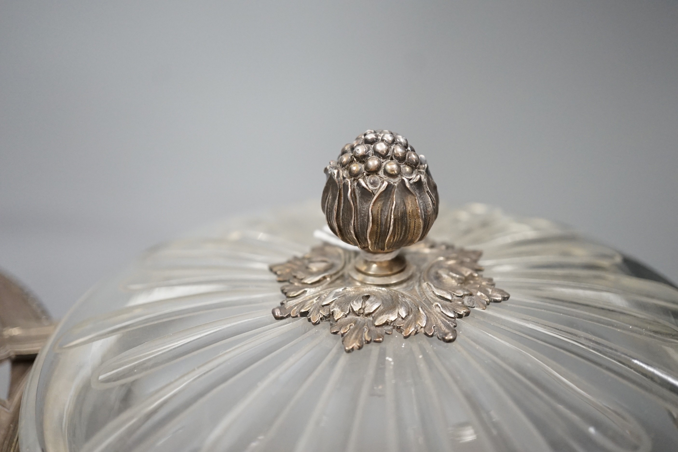 An early 20th century French white metal mounted cut glass caviar set, by Amelie Cardeilhac, Paris, with beaded borders, bowl diameter 24.4cm.